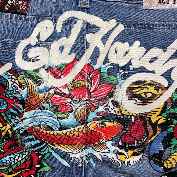 NEW Ed Hardy Tattoo Koi Baggy Jeans Y2K Paint Splatter Multicolor Womens Size 30 - Picture 10 of 16
